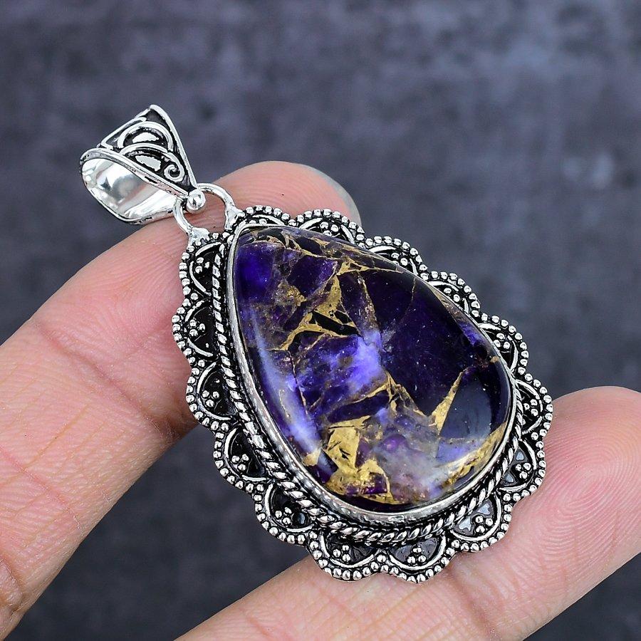 Natural Copper Amethyst Gemstone 925 Sterling Silver Jewelry Pendant 2.17" ETC-14004