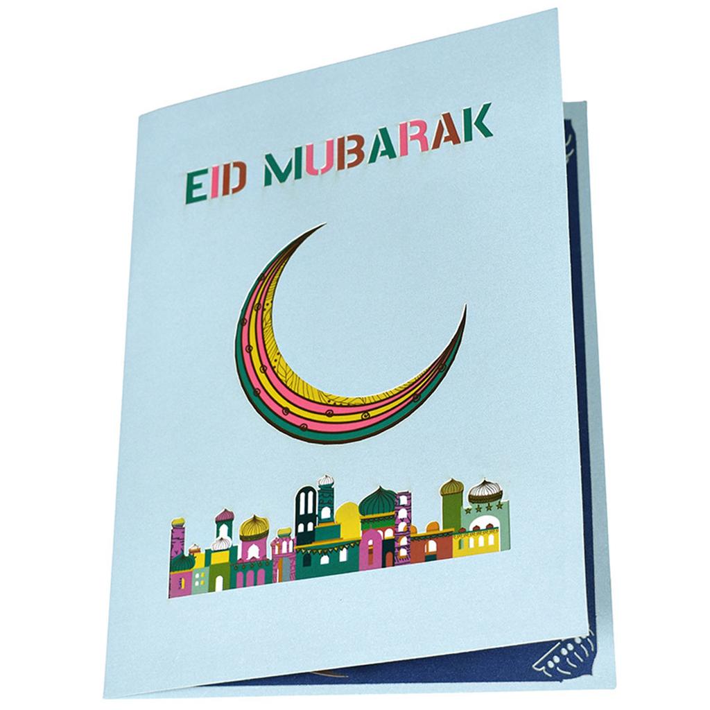 3D-Pop-Up-Eid-Mubarak-Karte, bunte Schlösser, Mond-Grußkarten für die Eid-Party-Dekoration, inklusive Umschlag und Notizkarte