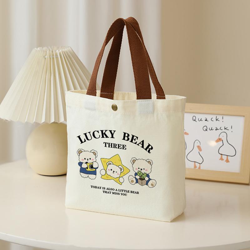 1pc Lucky Bear Tote Bag Cute Cartoon Design Durable Beige Lunch Bag with Snap Closure for Women, Students, Everyday Use & Picnics