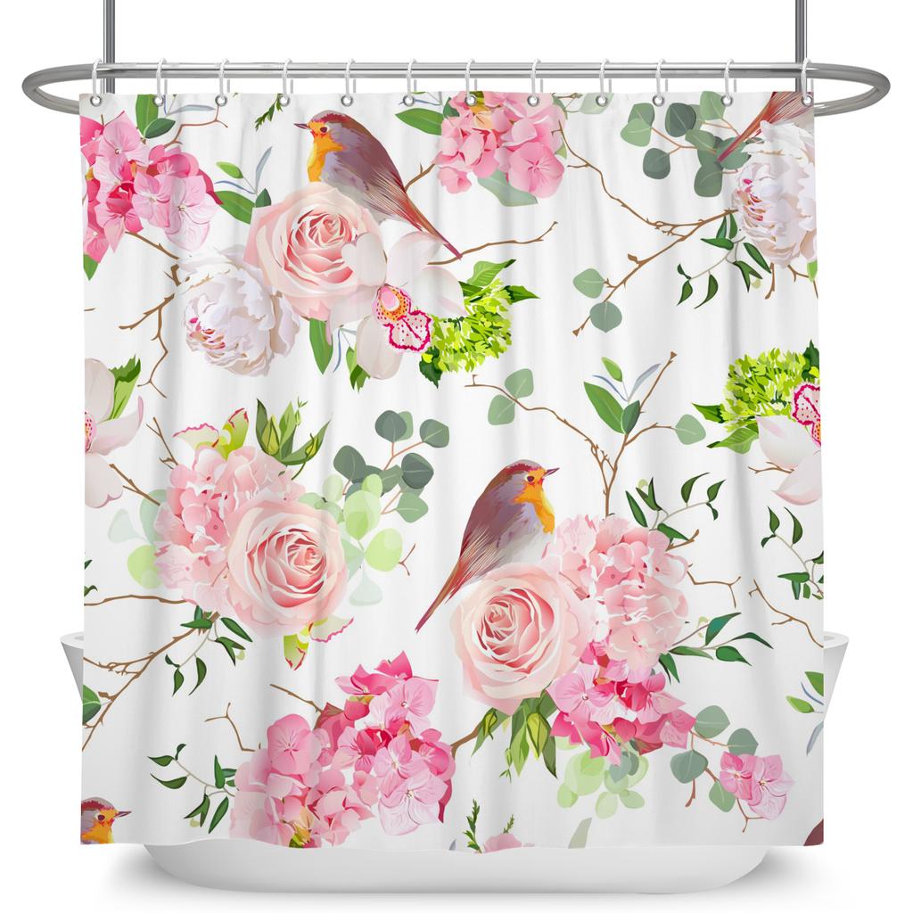 Vintage Bird Flower Shower Curtain with Hooks Artistic Peacock Floral Design Chinese Style Waterproof Polyester Bathroom Curtain