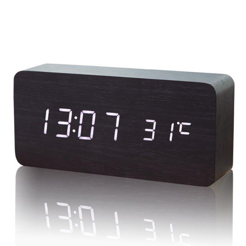 Creative Fashion Digital Alarm Clock with Indoor Temperature and Humidity Digital Wood Table Clock Wooden Desk Alarm Clock