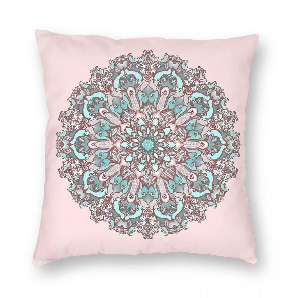 Teal Mandala On Pink Square Pillowcase Polyester Linen Velvet Printed Zip Decor Throw Pillow Case Room