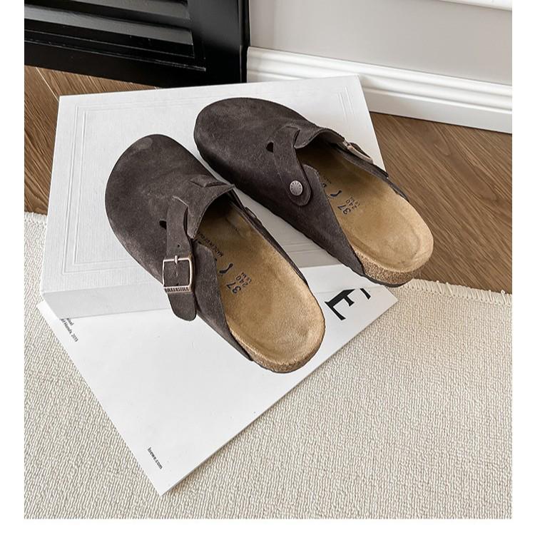 Boken 2024 Autumn Women's Genuine Leather Cork Mule Slippers: Closed-Toe Cow Suede, Flat Bottom, Outdoor Wear.