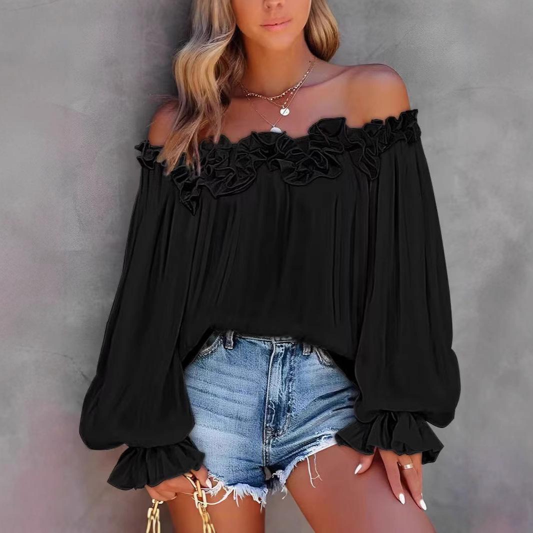 

Spring and Autumn Leisure Lotus Leaf Edge Off Shoulder Long Sleeve Elegant Style Women’s Blouses & Shirts M чорний