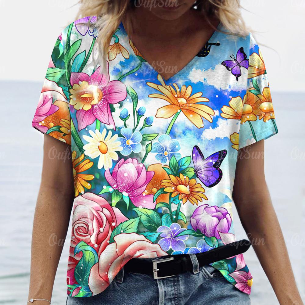 2024 Damen T-Shirt Sommer Schmetterling T-Shirt Übergröße Damenbekleidung Oversized Designer Kurzarmshirt Damen V-Ausschnitt Bluse