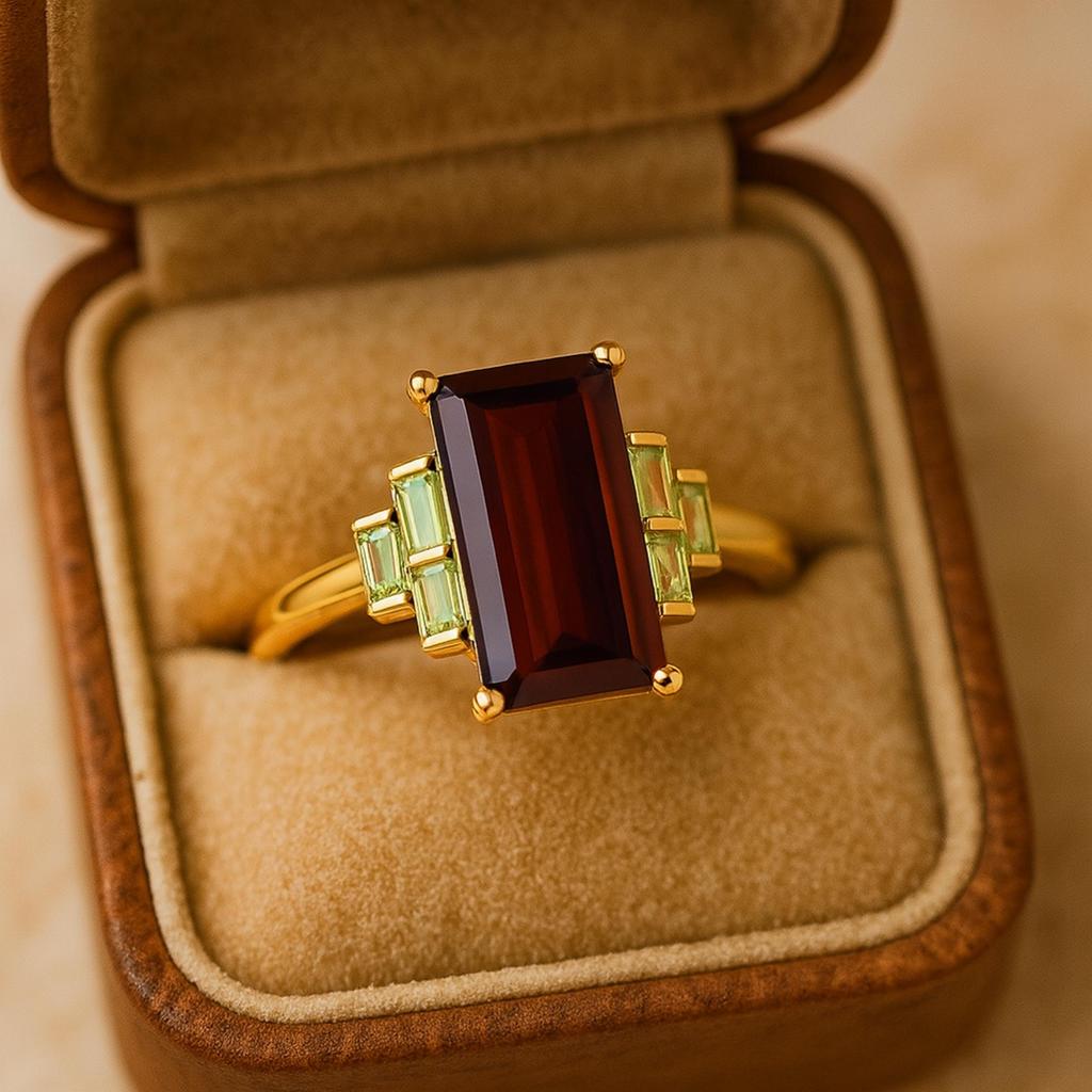 Baguette Onyx and Peridot Ring – Yellow Gold Plated 925 Sterling Silver Ring – Art Deco Bridal Wedding Jewelry Gift