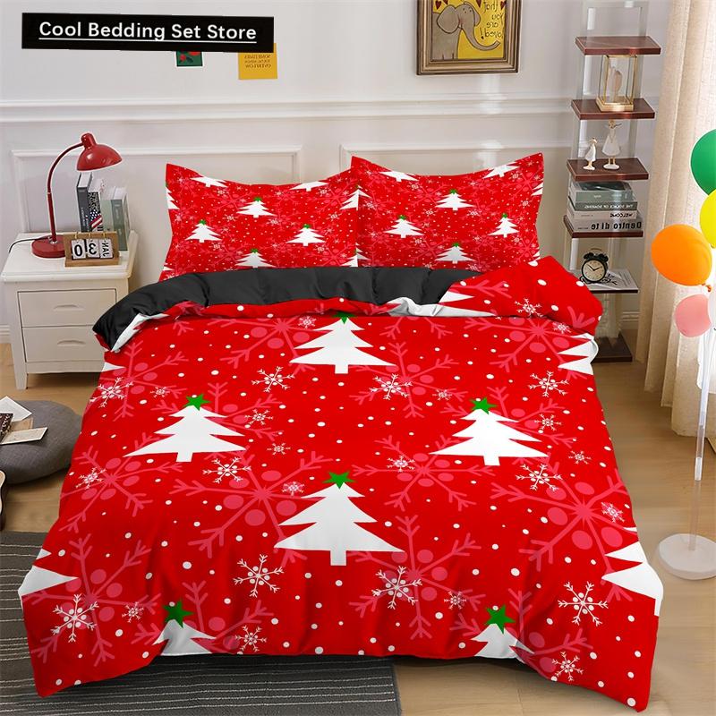 Frohe Weihnachten King Queen Bettwäsche Set Weihnachtsmann Schneemann Bettdeckenbezug Weihnachtsbaum Bettbezug Rot Polyester Steppdeckenbezug