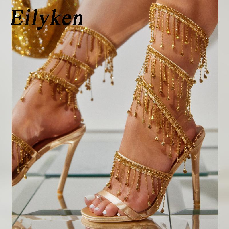 Fashion Eilyken Summer Fashion Peep Toe Rhinestone Golden Crystal Sandals String Bead Night Club Stiletto Heel Wrap Strap Women's Shoes