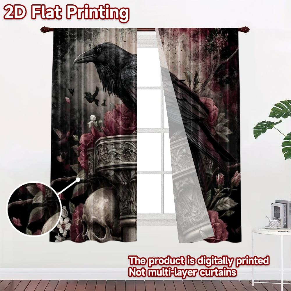 2D flat printing 2pcs Curtain Curtains Halloween Raven and Skull(1) Digital Printed Polyester Drapes Festive Curtains Perfect