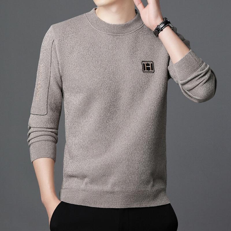 Zimní nový svetr pánský svetr s kulatým výstřihem a sametem zateplená jehla tkaný svetr pánský spodní kabát top oblečení