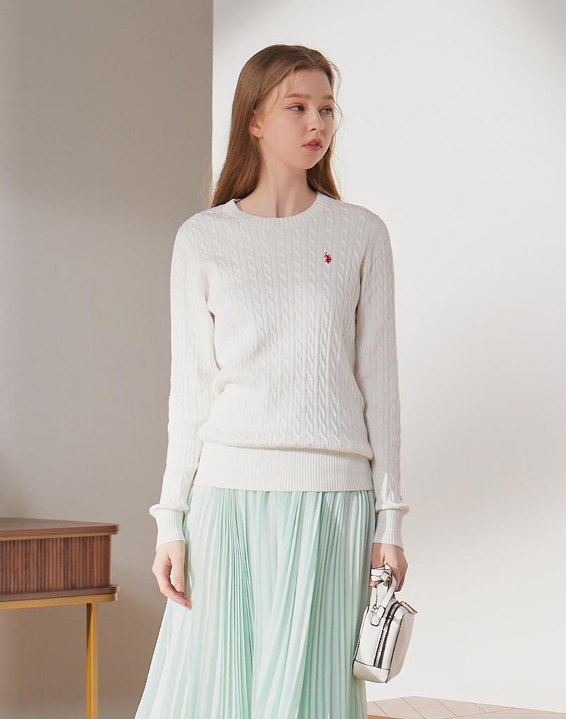 USPOLOASSN Cotton Long Sleeve Cable Round Knit_Ivory