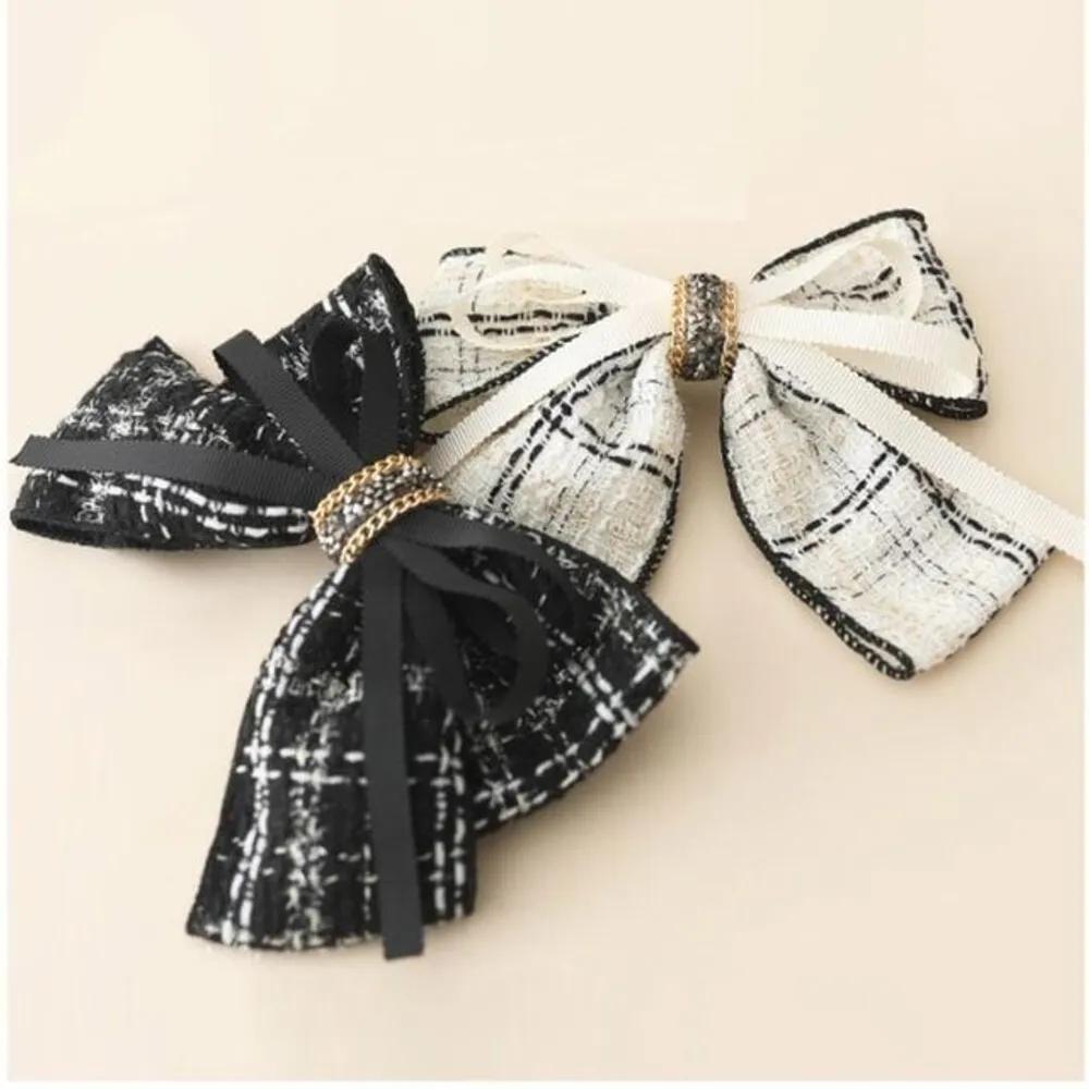 Sophisticated Style Tweed Double Ribbon Point Women s Automatic Hair Pin white