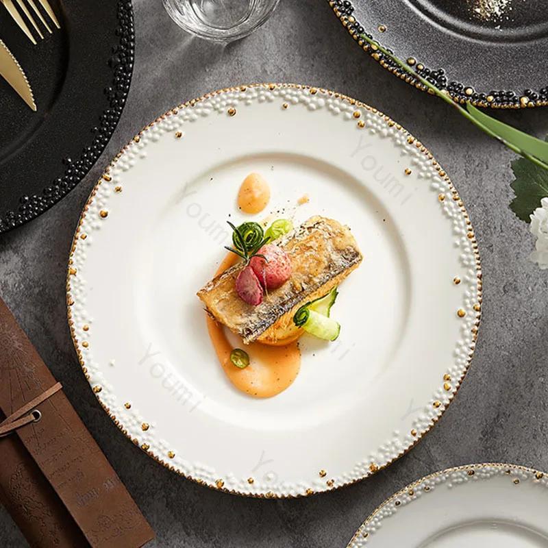 Golden Edged Ceramic Plate Creative Circular Steak Pasta Plate Delicious Dishes Dining Plates Exquisite Household Tableware