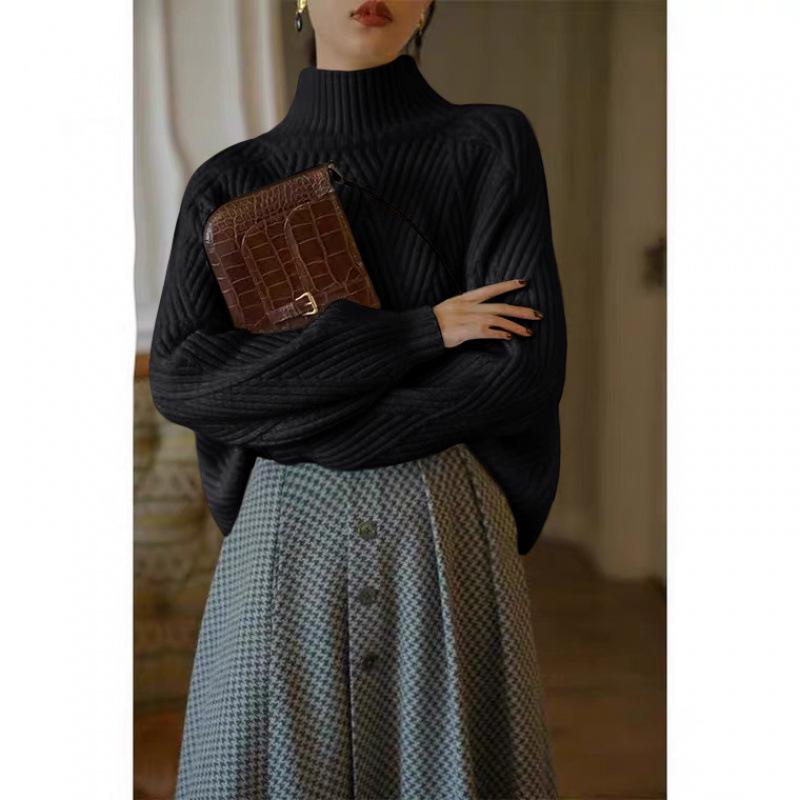 Women's Thick Knit High Neck Retro Sweater for Autumn and Winter.