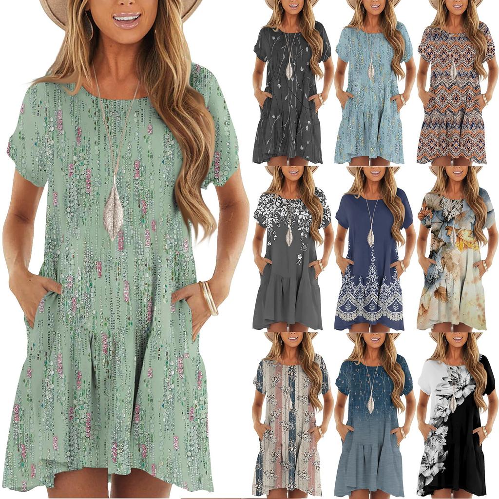 Women's Fashion Casual Round Neck Short Sleeve Ruffled Vintage Printed Dresses