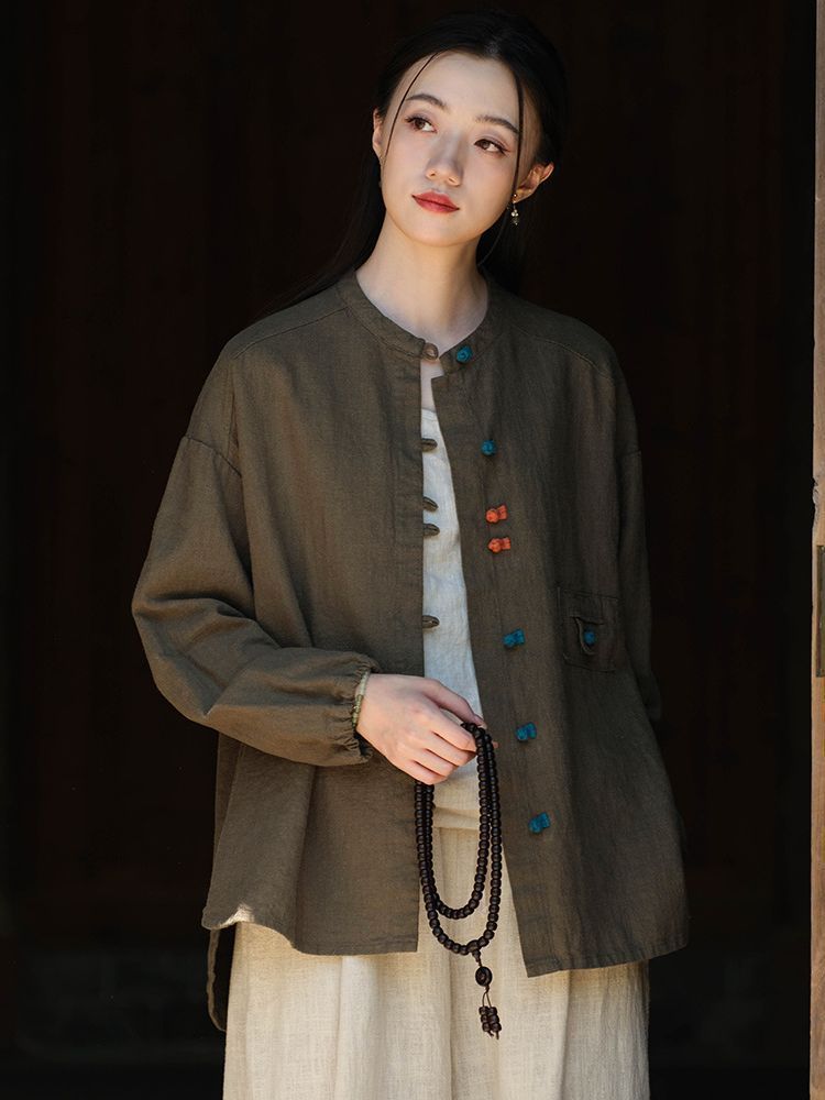 Spring 2026 Vintage Cotton Linen Shirt For Women With Colorblock Closure