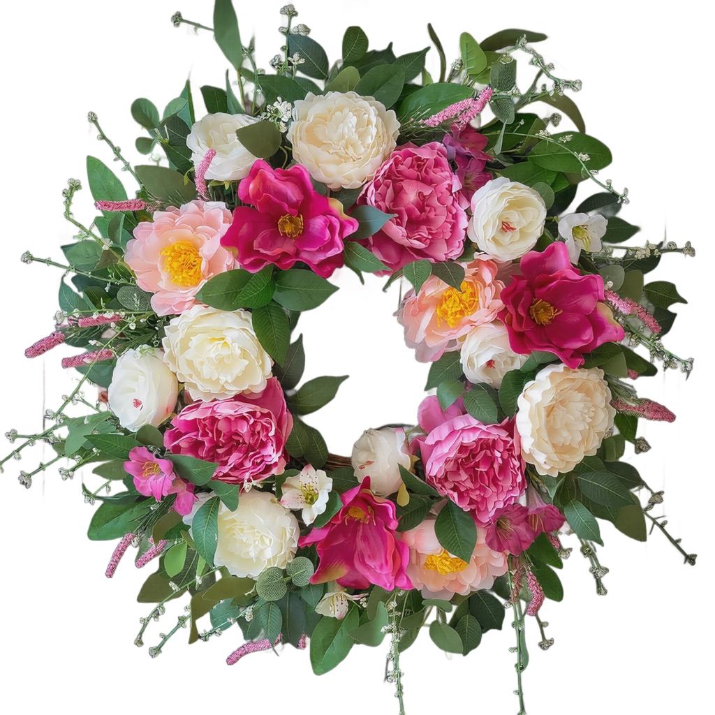 Künstlicher Pfingstrosen-Blumenkranz 45CM Realistischer Seidenblumen-Türhänger Dekoration mit Grünen Blättern und Gemischter Blütenanordnung für Innen- und Außenbereich