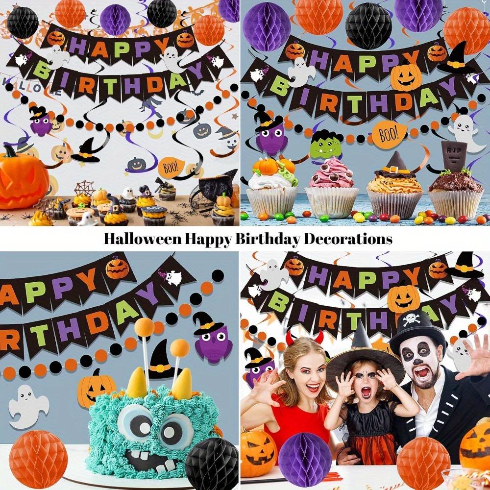 5sets Halloween Birthday Decorations Happy Birthday Banner with Honeycomb Ball Hanging Swirl Streamer Garland Decorations Birthday Party Decoration