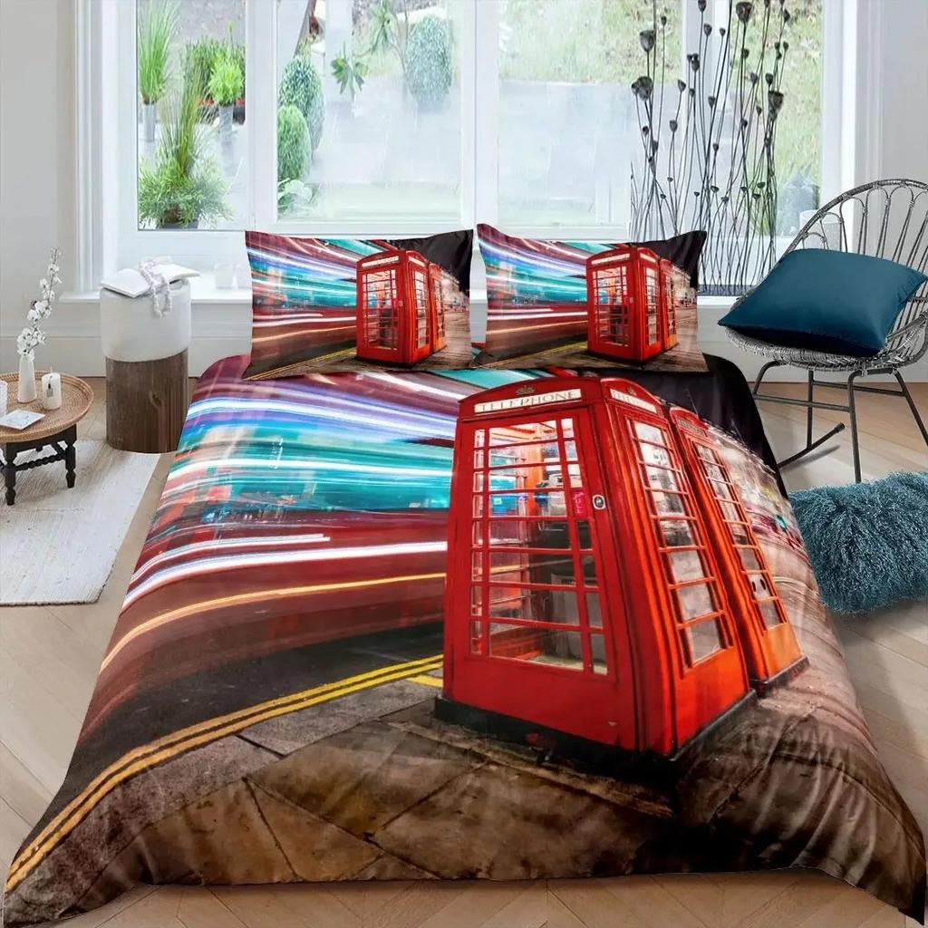 Big Ben Comforter Cover Boys Famous Telephone Booth Bedding Set for Teens Retro London Cityscape Duvet Cover Set with Pillowcase
