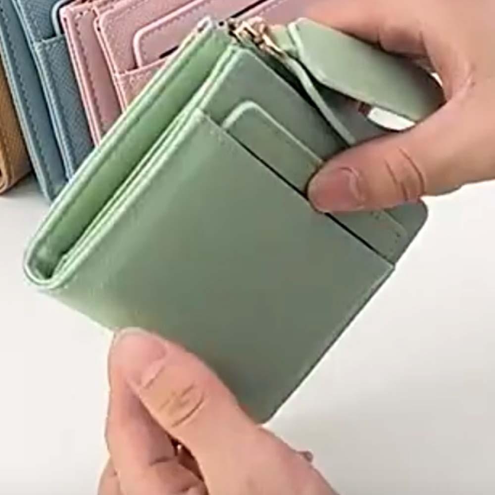 Portable Women Folding Wallet Multiple Card Lady Short PU Purse Solid Color Card Bag  Student