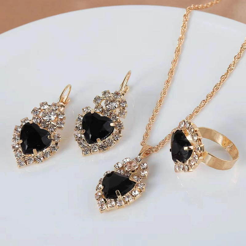 Necklace Earring Ring Three Piece Set Women's Water Droplet Heart-shaped Rhinestone Sets Fashionable Bridal Accessory
