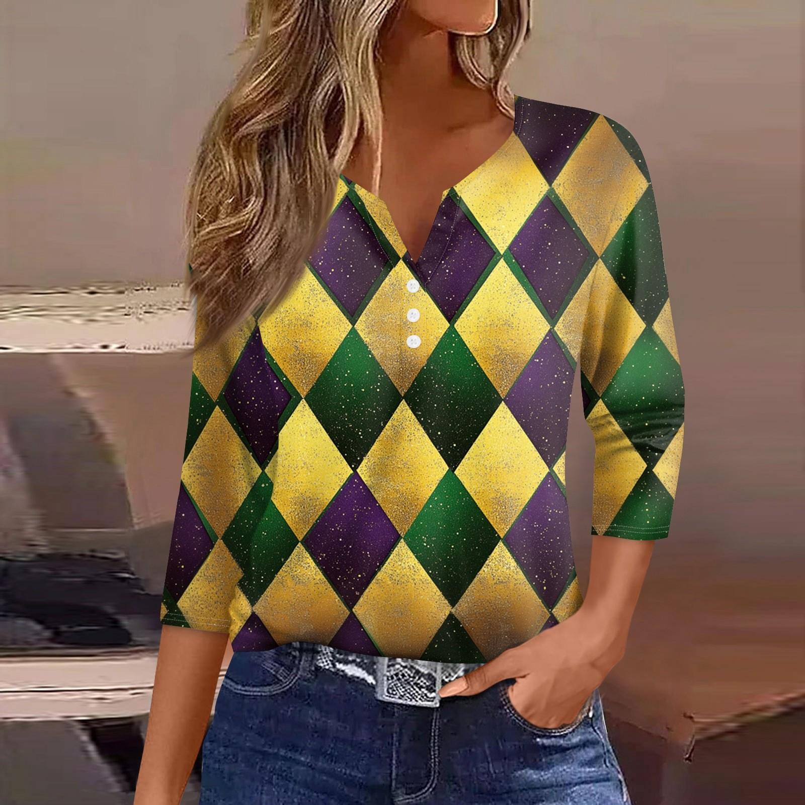 

Женская мода повседневная футболка с V-образным вырезом и декоративными пуговицами и рукавом три четверти с принтом карнавала XL жёлтый