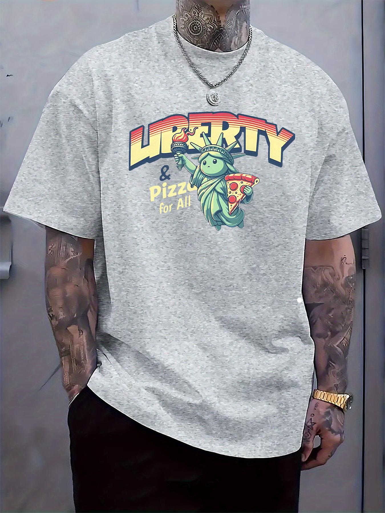 Round Neck Short-Sleeve T-shirt with a Freedom And Pizza Pattern M