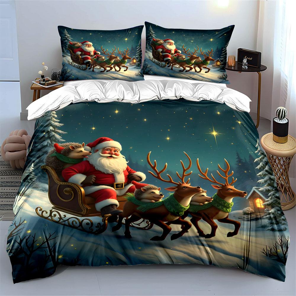 Santa Sleigh with Reindeer Bedding Duvet Cover Set Duvet Cover Pillowcases  (1*Duvet Cover 2*Pillowcases, without duvet insert)