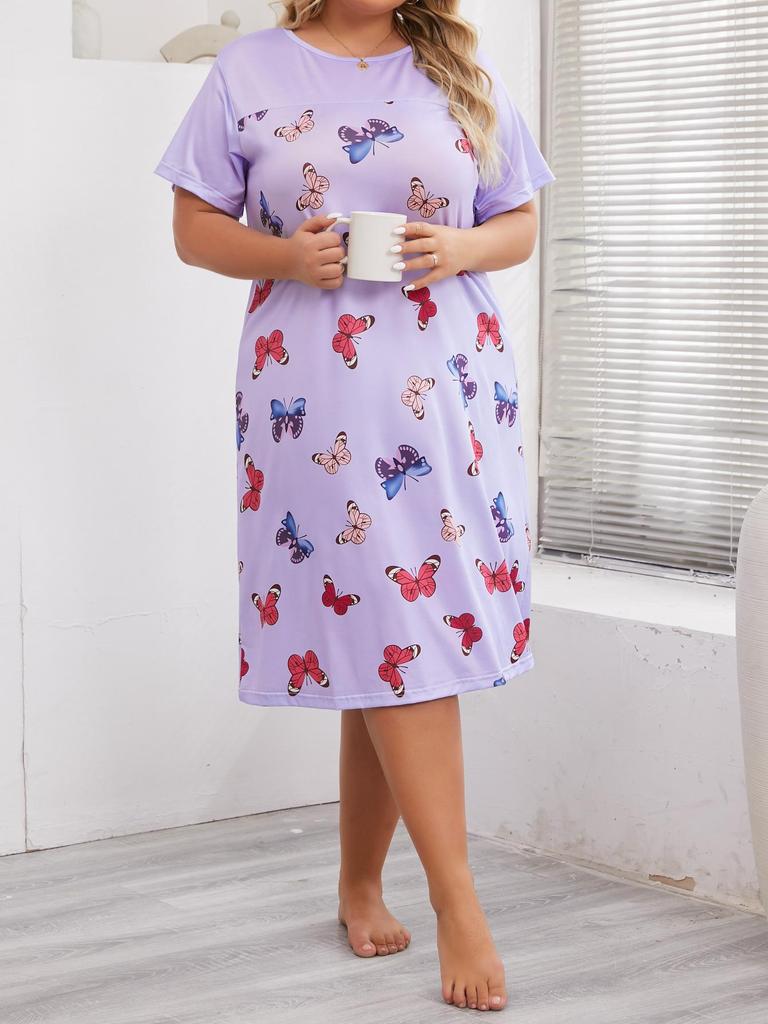 Plus Size 5XL Night Dress Ladies Summer Purple Butterfly Print Nightgowns Short-Sleeve Long Nightshirt Homewear Women Sleepshirt