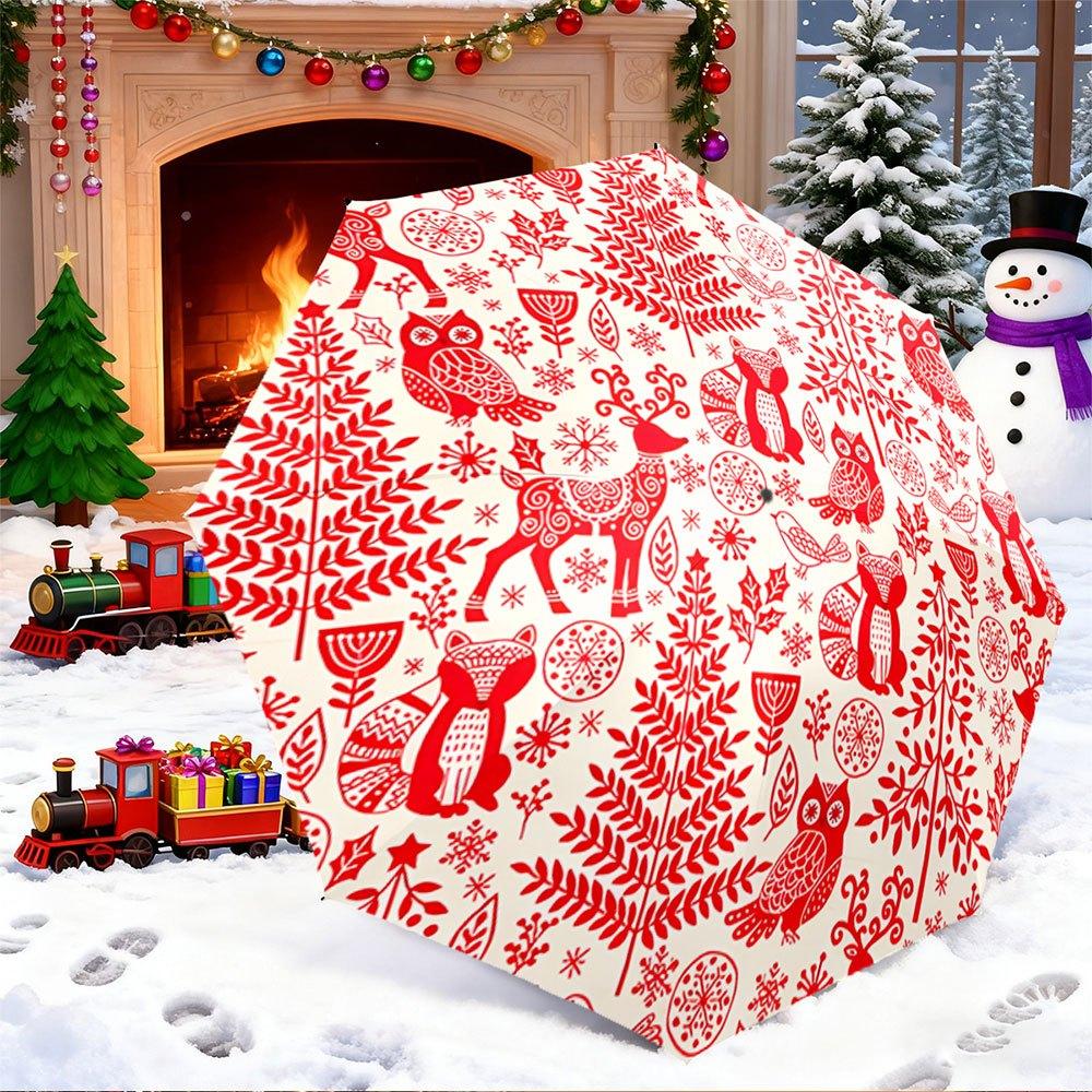 

Portable Folding Umbrella with Red & White Winter Patterns - Automatic Open/Close, Compact Travel Umbrella with 8-Rib Sturdy F (as the picture,Iron&8K)