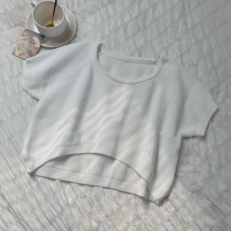 Lockeres Rundhals Kurzteil Nabel Strickshirt Damen Sommer Slim Dünnes Teil Kurzarm T-Shirt Tops Lässig Essentiell Slim Fit Pullover T-Shirts