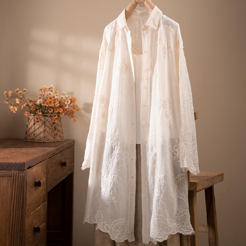DIMANAF 2025 Spring Linen Blouse Shirt Long Sleeve Cardigan Women Blouse Fashion Long Lace White Floral Tops Loose New