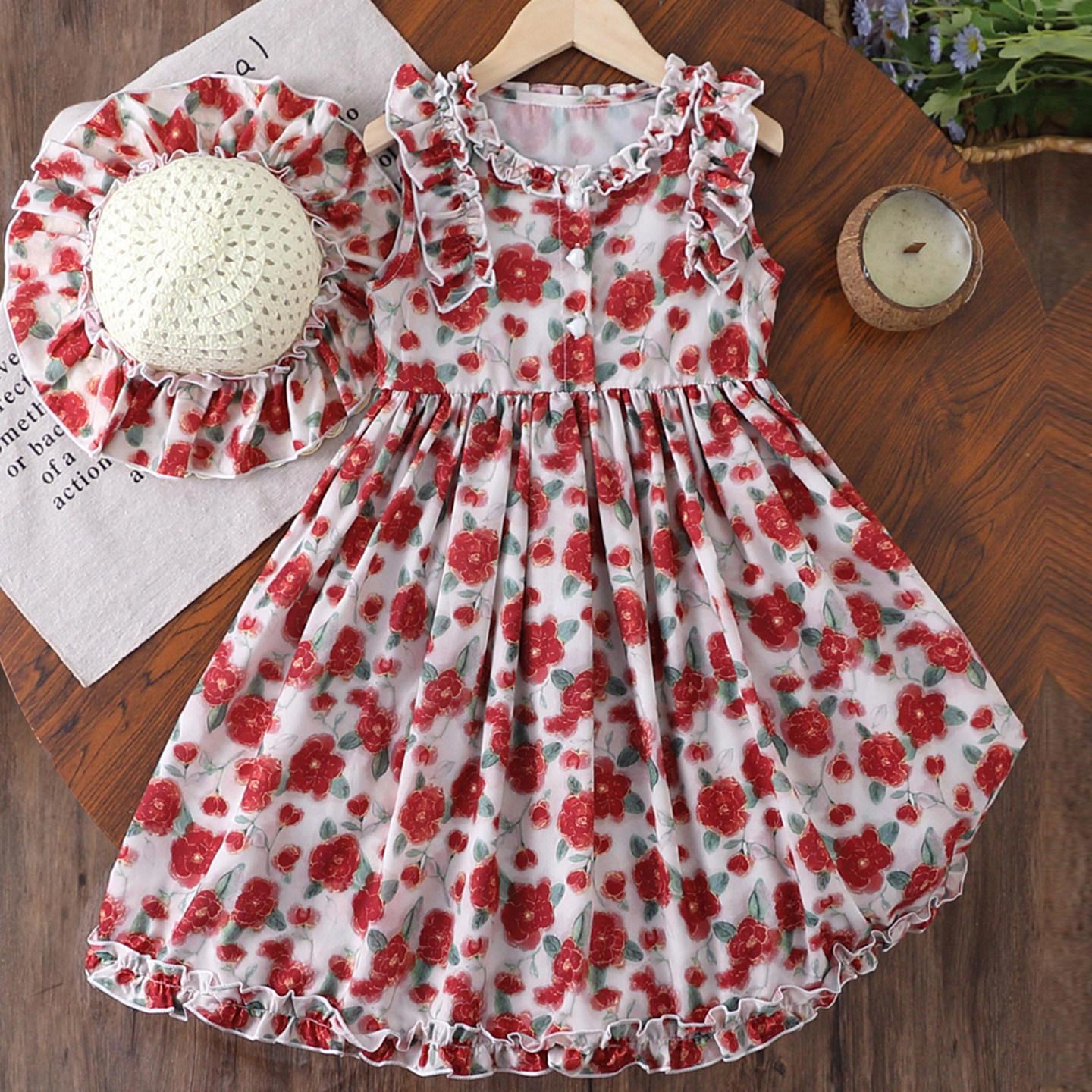 Girls Summer Floral Sleeveless Dress Ruffled Hem Princess Thin Cotton Vest Dress For Kids 110cm