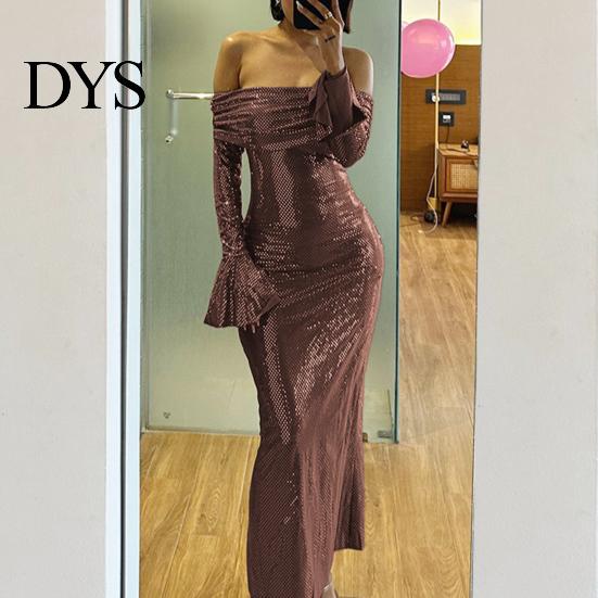 Bodycon Paillettenkleid Damen Abend Bateau-Ausschnitt Schulterfrei Lange Ärmel Schimmerndes Formelles Kleid Bronzefarben Trägerlos Abiball Cocktailparty Maxi