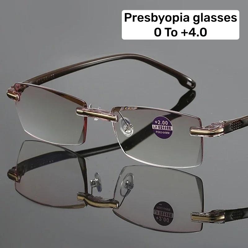Fashionable High-Definition Anti-Blue Light Presbyopia Glasses Square Rimless Bevel-Edge Reading Glasses for Men and Women