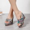 Large size slope heel fish mouth cool slippers women's fashion floral thick bottom one-word slippers