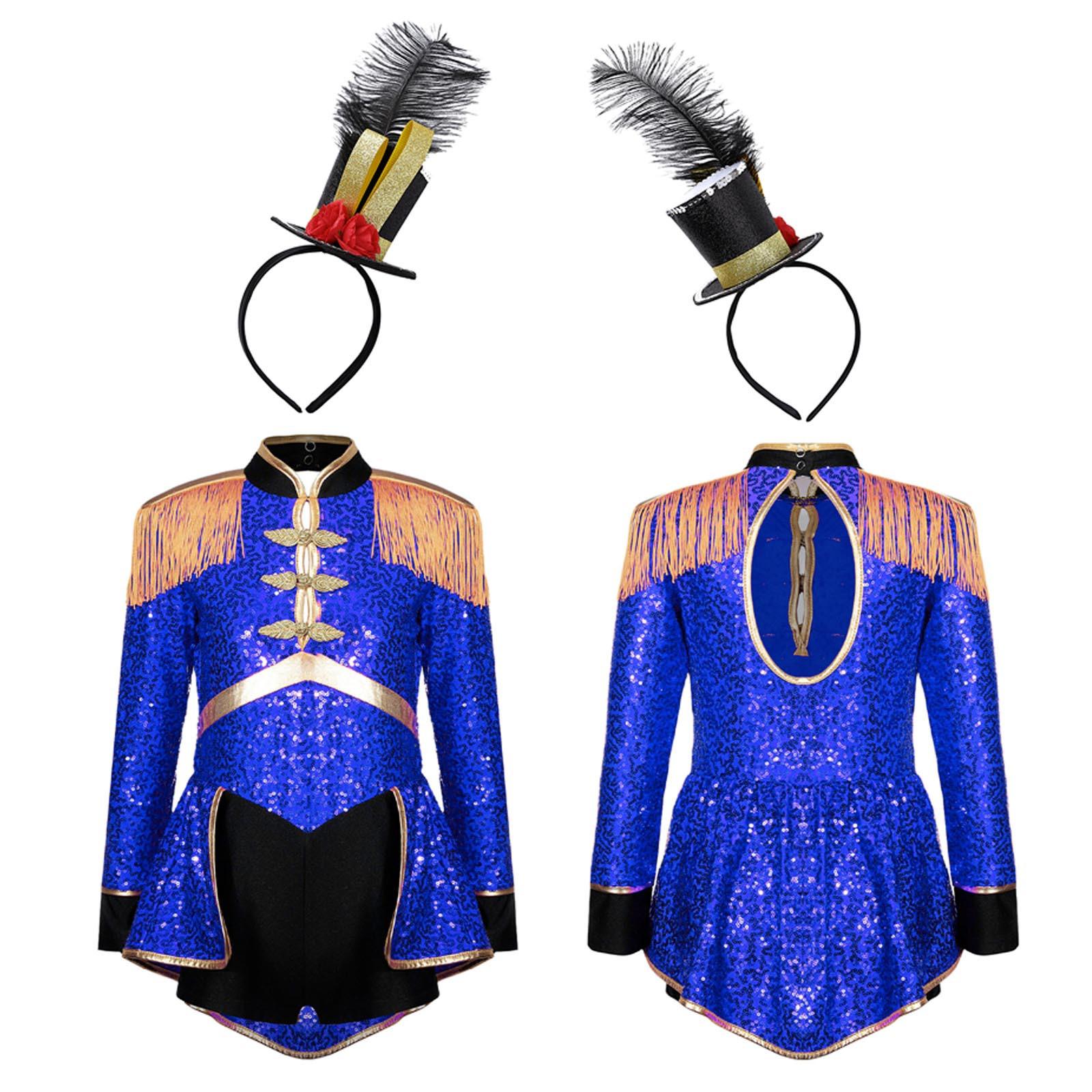 

Діти, дівчата, цирковий костюм капелюха, блискучий комбінезон барабанщика з блискітками та капелюхом, уніформа команди маршового оркестру 15-16 Years