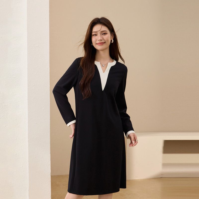 

Dress with Contrasting Color Neckline] Xianlixiu Plus-Size Women s Loose-Fitting Slimming Over-The-Knee Dress for Plus-Size Women, New Spring Style Black White XL