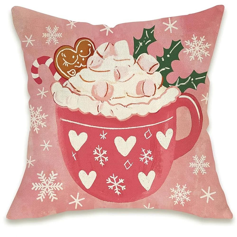 Charming Pink Christmas Pillowcase: Gingerbread House, Trees, Socks And Comfortable Cup Design, Sofa Room Cushion Cover, Home De