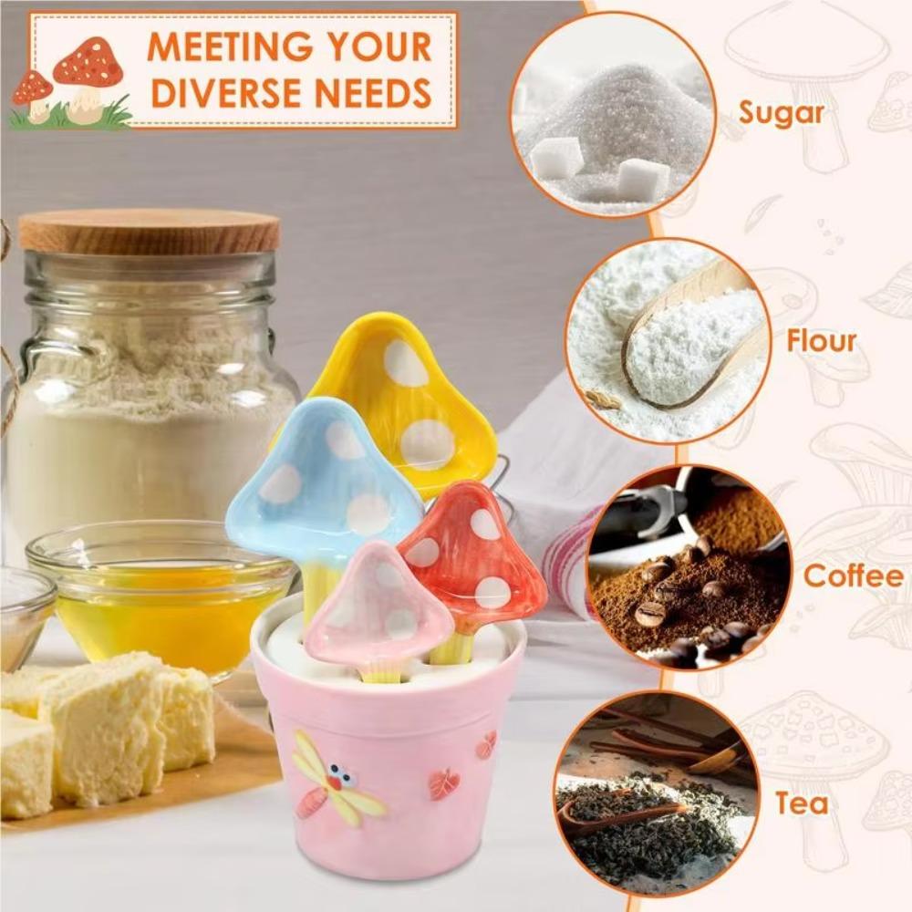 4Pcs Ceramic Mushroom Measuring Spoons Potted Coffee Spoon Decorative Tablespoons  Kitchen