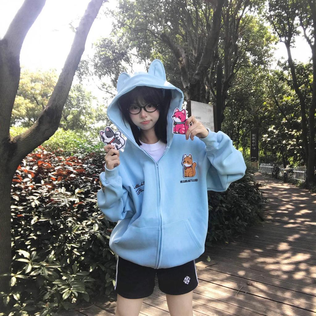 American retro street cute kitten Velcro cardigan sweater female brand casual loose couple