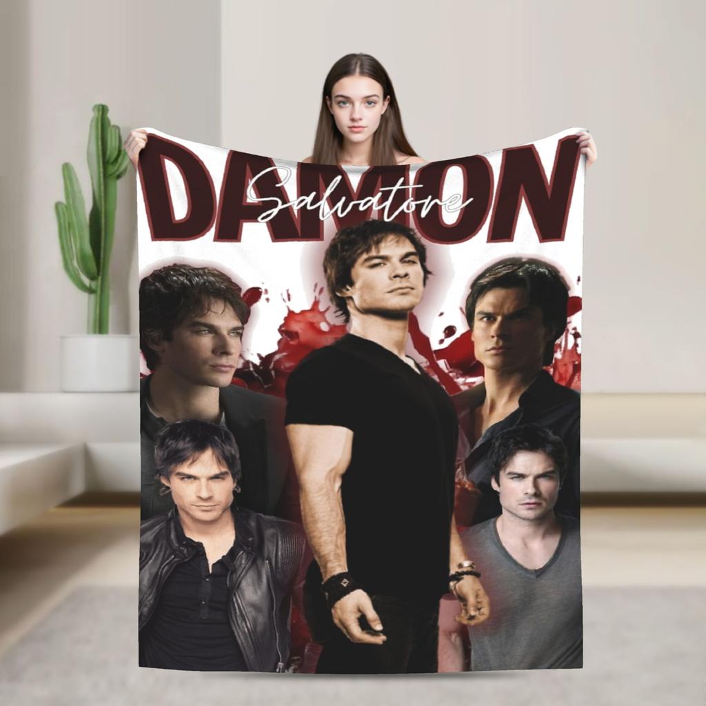 The Vampire Diaries Damon Salvatore Serie TV Coperta Decorativa in Flanella Plaid per Arredamento Casa Calda Morbida Copriletto Regalo