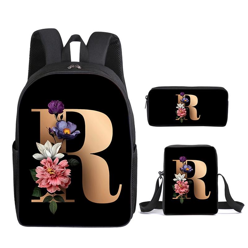 Fashion Novelty Flower letters A-Z 3D Print 3pcs/Set pupil School Bags Laptop Daypack Backpack Inclined shoulder bag Pencil Case