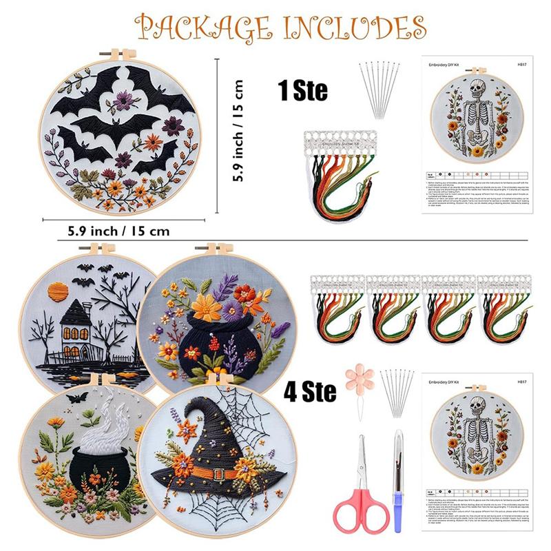 Kit di Base per Ricamo Gotico, Set da 4 Kit Punto Croce di Halloween, Kit di Ricamo di Halloween per Principianti