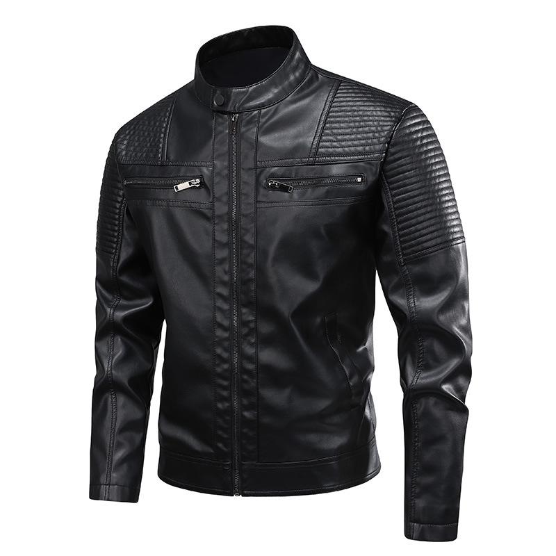 PU Leather Jacket Autumn and Winter Men's Stand-up Collar Motorcycle Suit Zipper Leather Jacket