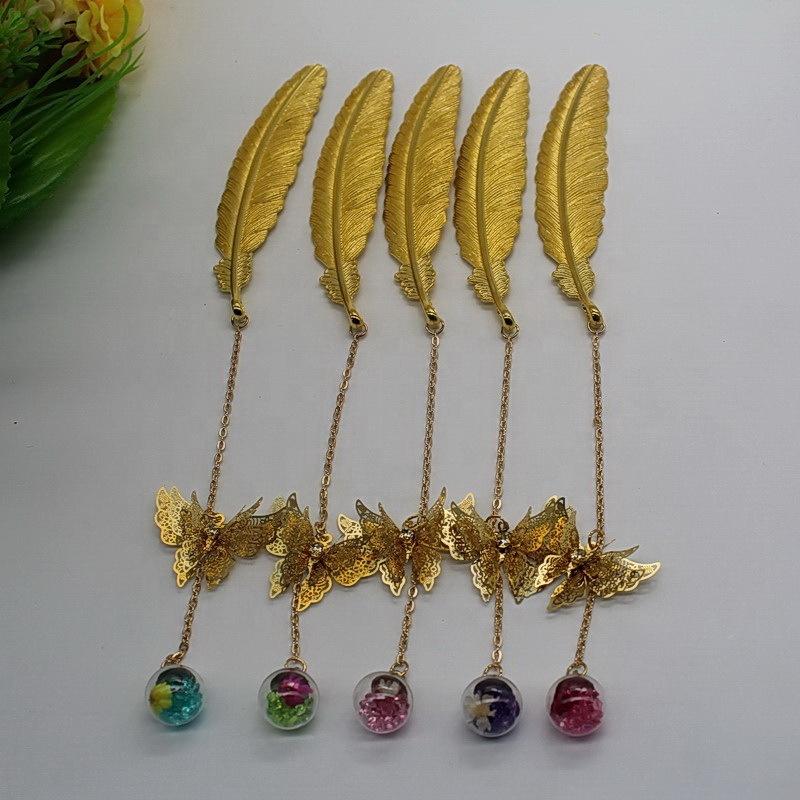 Custom Gold Plated Chinese Style Bookmark Classical Leaf Vein Feather Bookmarks
