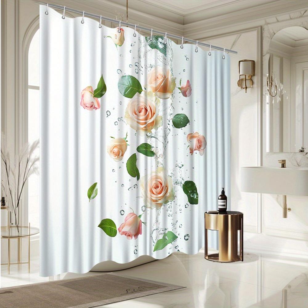 Elegant Pink Roses & Green Leaves Shower Curtain, Water Splash Design, Fade-Resistant Polyester, Bath Decor