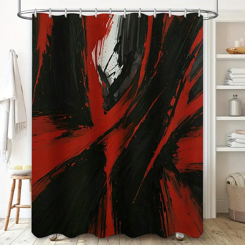 Modern Bathroom Decor Shower Curtain with Red Black Abstract Design for Bathtub Home Decoration 72 x 84 Inches