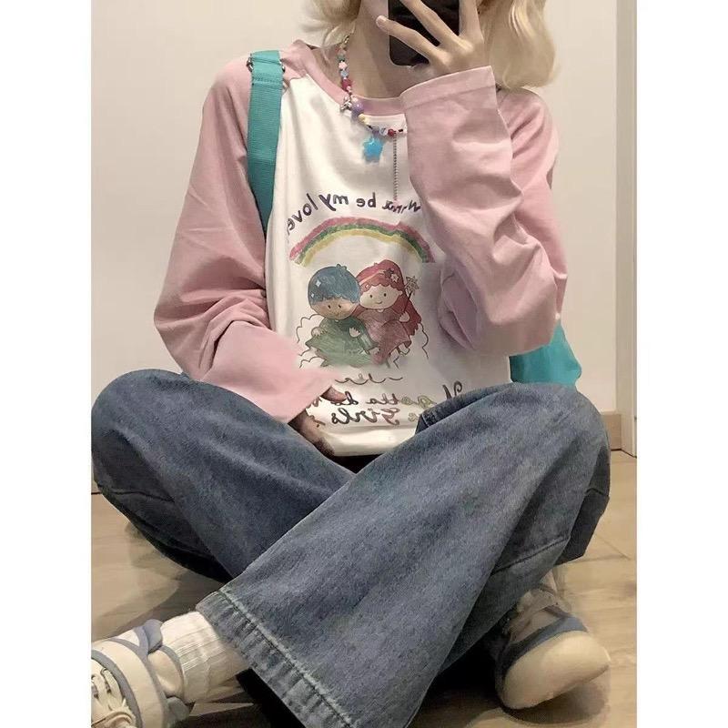 T-Shirt Long Sleeves Clothes Women Cute Cartoon Rainbow Print Long Sleeve T-Shirt Y2k Loose Casual Contrast Girls Tee Tops