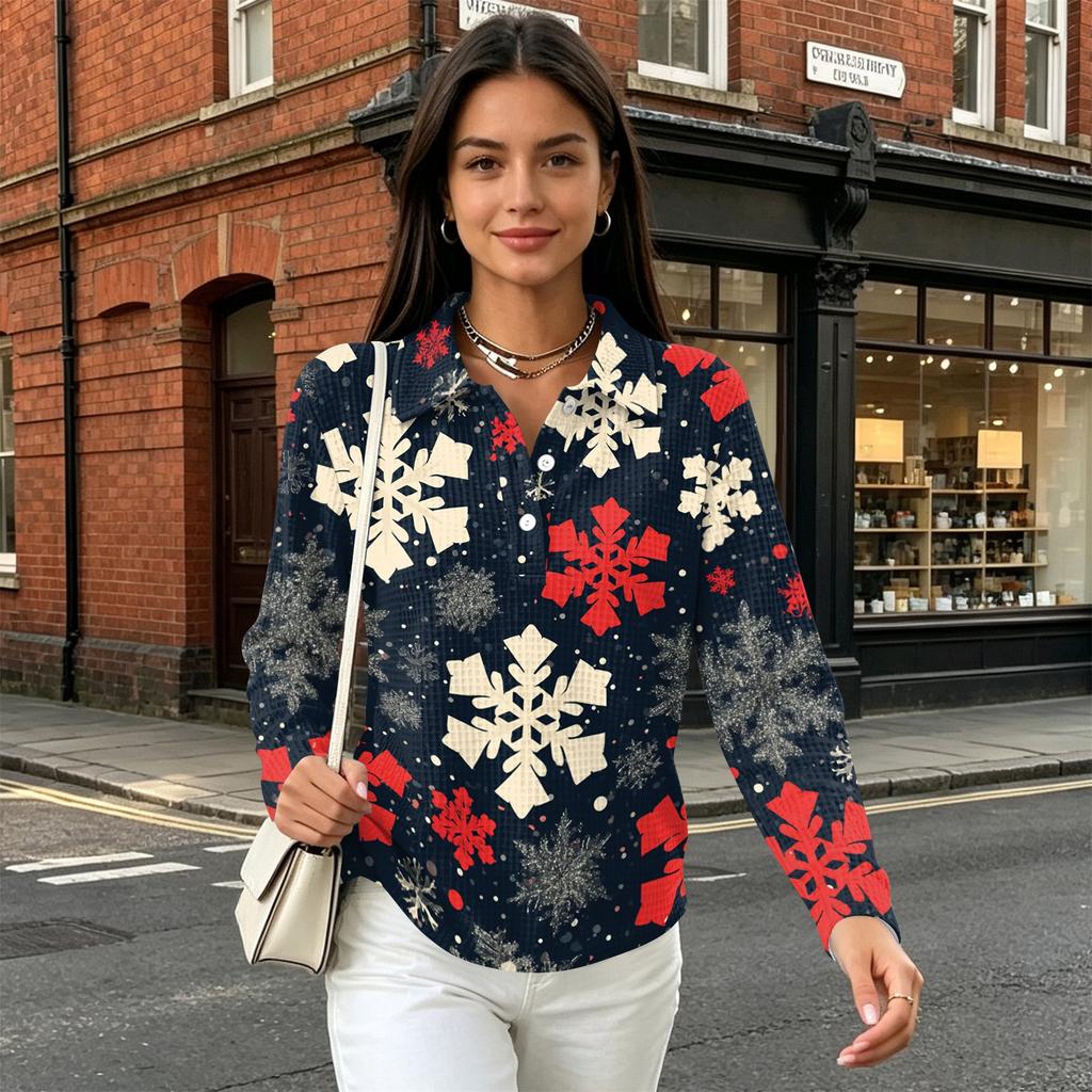 Women's Casual Christmas Print Button Down Long Sleeve Collared Blouse Top with Side Slits